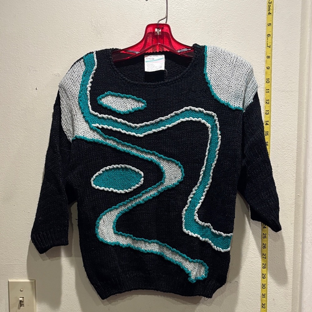 Vintage Deb Black and Teal Abstract Sweater